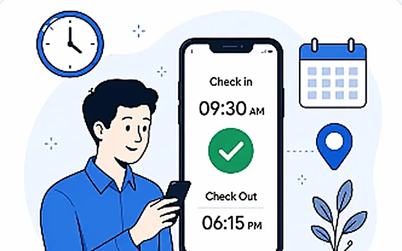 Person checking in on a phone at 09:30 AM with a location pin