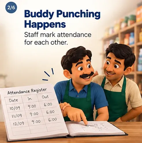 Buddy punching: one staff member marks attendance in the register for another