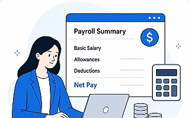 Woman reviewing a payroll summary with net pay