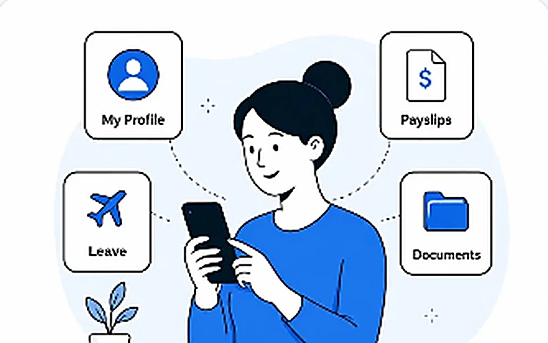 Employee opening profile, payslips, leave and documents on a phone